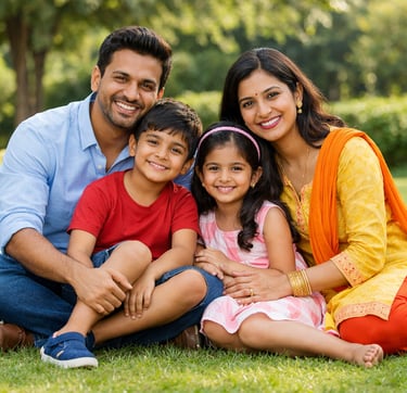 Happy Indian family in green field symbolizing life insurance protection and financial planning.