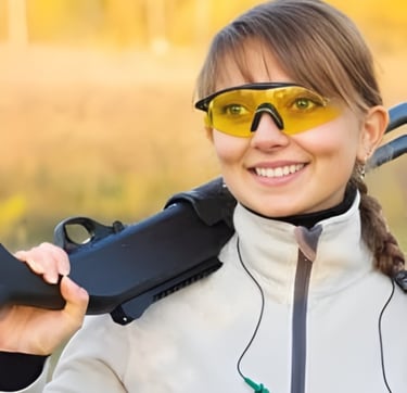 Woman hunting with a gun and safety glasses