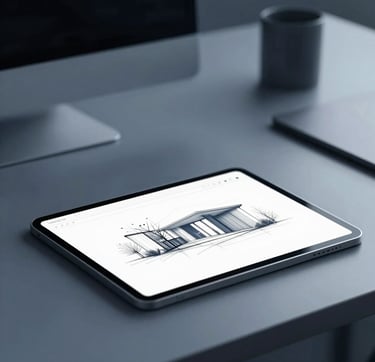 A minimalist and sophisticated creative studio setting. A high-end workspace featuring a sleek tablet with architectural sketches. The lighting is soft and professional, with a color palette including deep navy shadows and soft blue-gray highlights (#415A77, #778DA9). Clean, modern, and inviting atmosphere.