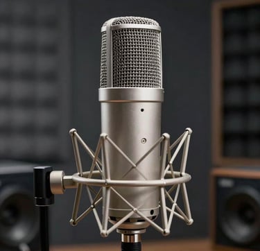 A close-up photograph of a professional silver microphone in a dark urban studio, South American / Colombian setting. Soft mist white highlights catch the edges of the equipment, with a blurred background of charcoal studio panels. High-end cinematic style with a focus on craftsmanship.