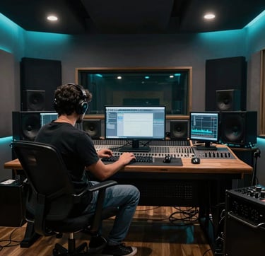 Cinematic wide shot of a creative professional in a high-end recording studio in Bogotá, South American / Colombian setting. The room is filled with dark charcoal and deep black tones, illuminated by moody electric cyan neon lighting. The atmosphere is emotional and inspiring, reflecting a high-quality urban music production environment.