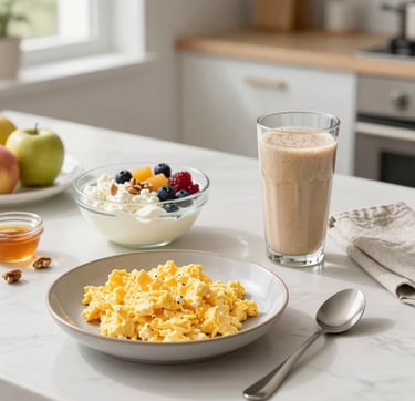 Healthy High Protein breakfast with scrambled eggs, protein shake, and fruit cottage cheese bowl.