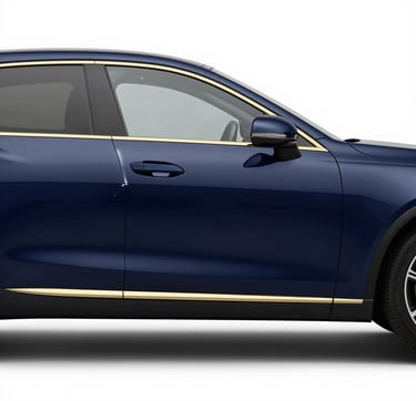 A side-by-side comparison of a luxury car door. The left side shows a sharp dent, while the right side shows a flawlessly smooth surface. Professional studio lighting with golden (#E7C670) accents and a deep navy (#0A1E3C) car body. The style is powerful, leading, and extremely clean to showcase craftsmanship.