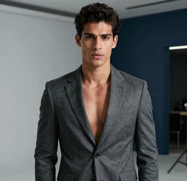 Professional high-fashion portrait of a charismatic South American Brazilian male model in a modern urban studio. He wears a sleek charcoal grey blazer with a sophisticated, confident expression. The lighting is soft and cinematic, highlighting sharp features and a stylish haircut. The background is a clean, minimalist architectural space in light grey and deep navy tones, exuding modern professionalism.