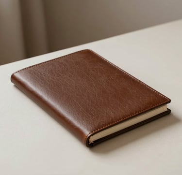 A minimalist, high-end close-up of a premium leather wedding album resting on a soft off-white surface. The lighting is soft and natural, emphasizing the fine texture of the cover. In the background, a hint of a North American / European modern studio setting with muted earthy taupe accents. Timeless, elegant photography style.