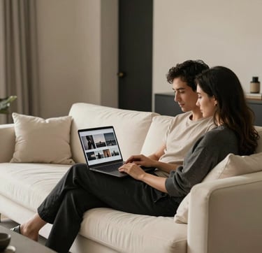 A refined scene in a North American / European luxury home where a couple is sitting on a crisp off-white sofa, viewing their photography gallery on a laptop. The room is decorated in a minimalist style with soft warm beige and dark charcoal elements. The lighting is warm and inviting, creating a trustworthy and sophisticated atmosphere.