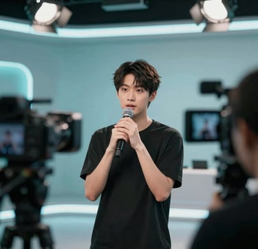 A high-definition video still of a talent performance during a casting call. Professional studio lighting with soft teal highlights (#74A8AE) reflecting off camera lenses. The scene captures the intersection of technology and human emotion in a sleek, modern studio environment.