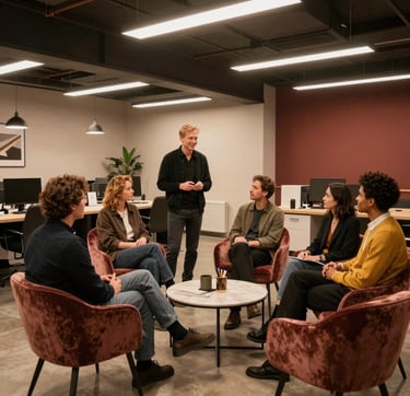 Professional female lead conducting a business team meeting in a modern office workshop setting.