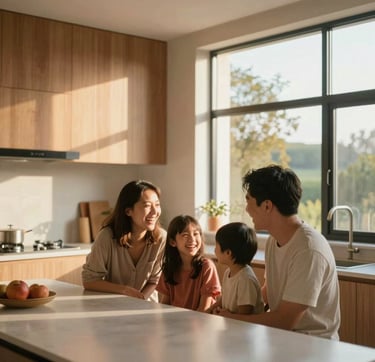 A cinematic, wide-angle shot of a family of three laughing together in a modern, sun-drenched kitchen designed with clean architectural lines. Warm golden-hour sunlight pours through large windows, highlighting natural wood textures and soft terracotta accents. The mood is authentic and joyful.