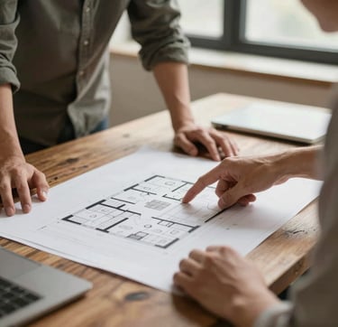 A candid, close-up shot of an architect technician's hands and a client pointing at a detailed floor plan on a rustic table. The scene is illuminated by soft, warm window light, featuring earthy tones of #8D6B5F and #B85C3D in the surroundings. Professional yet deeply personal vibe.