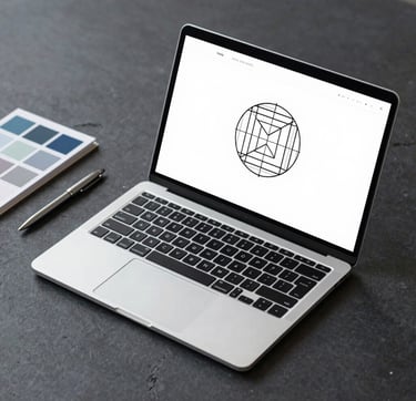 A minimalist, high-angle shot of a designer's workspace. A single high-end laptop is open on a dark slate surface, displaying a clean vector wireframe of a geometric logo. Beside it, a single metallic pen and a swatch book featuring shades of #4A5763 and #A0A696. The lighting is soft and architectural, creating subtle shadows. The overall mood is strategic, professional, and meticulously organized.