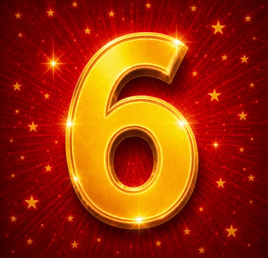 Numéro 6 doré – fond rouge avec étoiles