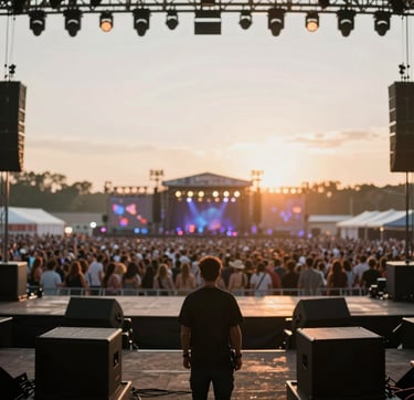 An authentic, candid shot from the back of a large music festival stage, looking out towards a massive, blurred audience under sunset lighting. The focus is on the intricate lighting rig and the silhouette of a crew member, capturing the scale of events. The colors are dominated by warm #8C847E tones and the dark #403B3B of the stage equipment.