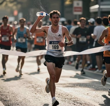 A dynamic action shot of a professional runner crossing the finish line in a city marathon. The lighting is cinematic morning sun, catching the spray of water from a bottle. The composition is close-up, focusing on the grit and emotion of the athlete. The palette features deep shadows #0D0D0D and bright highlights #F2F1ED, matching the brand's professional and high-impact mood.