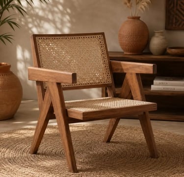 Afro Bohemian Accent Chair – Cane and Wood Lounge Chair for Natural Texture Living Room Decor. Eftelt Home Decoration