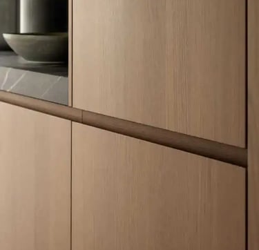 Luxury Contemporary Kitchen Cabinetry Detail – Matte Oak Handleless Flat Panel Design
