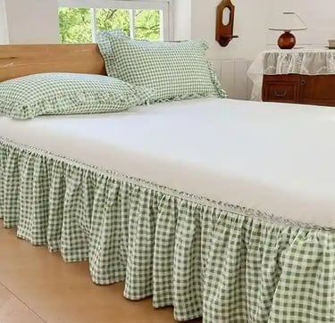 Green Gingham Ruffled Bed Skirt – Adjustable Wrap-Around Plaid Dust Ruffle with Lace, 15-Inch Drop