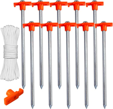 ABCCANOPY 11 Inch Tent Stakes 10 Pcs Non-Rust Metal Ground Anchors, Heavy Duty Spikes with 4 Ropes