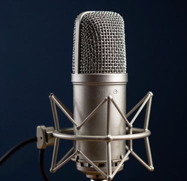 Macro photography of a premium professional microphone in a studio. The lighting is sharp, creating light grey metallic highlights against a dark navy background. Professional Southern European / Spanish studio environment, emphasizing artistic precision and technical sophistication.