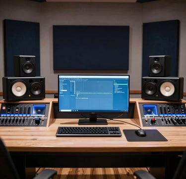 A sophisticated wide-angle shot of a professional audio control room in a Spanish studio. The scene features a sleek desk with dual monitors, studio speakers, and dark navy acoustic wall panels. Accents of slate blue and muted blue light the technical equipment. Southern European / Spanish setting, clean and modern style.