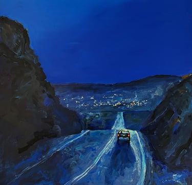 a painting of a car driving down a mountain
