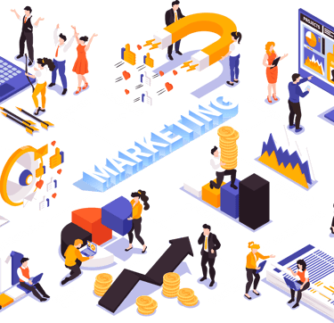 a vector illustration with a group of people and a marketing agency concept