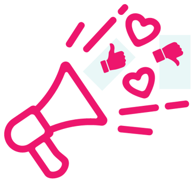 Icon of a microphone shouting with love hearts & thumbs up/down to signal likes and dislikes 