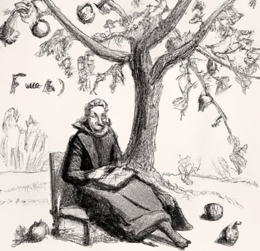 Isaac Newton Sits below an apple tree as he is about to discover wavity