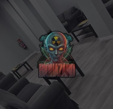 Logotipo Bio Hazard Weed Social Club con diseño futurista en sala moderna