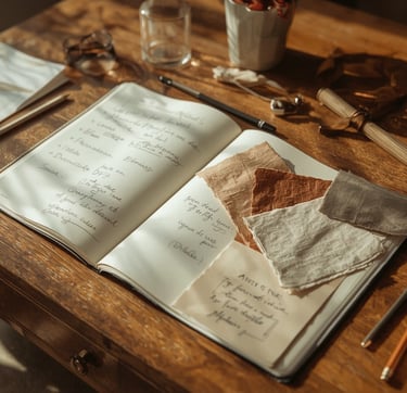 Carnet de planification avec échantillons de tissus et palette de couleurs.