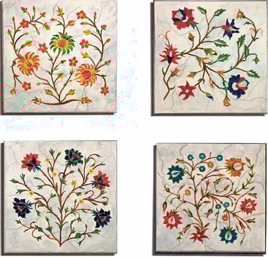 A set of four 12x12 paintings depicting colorful Moghul inlay designs on white marble