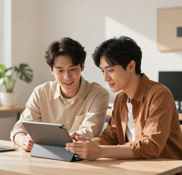 Authentic and warm interaction between a software engineer and a client in a sun-drenched, modern studio. Cinematic lighting highlights the genuine connection and storytelling vibe. The color palette includes soft sand tones (#F7F4E9) and rich terracotta accents (#D1A689). The focus is on their shared enthusiasm as they review a project outcome on a tablet.