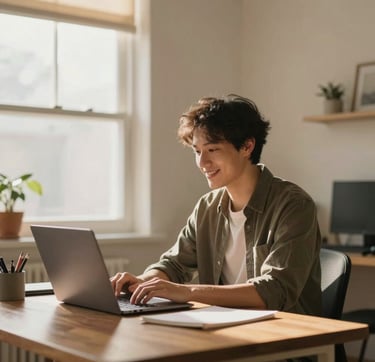 Candid, cinematic wide shot of a software developer in a sun-drenched home office with warm light streaming through a window. The atmosphere is professional yet cozy, featuring wooden desk textures (#8C5845) and soft cream walls (#F7F4E9). The developer is focused on a laptop screen, with a hint of a smile, reflecting a human-centric and friendly approach to technical work.