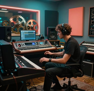 A dynamic wide-angle shot of a musician in a stylish International / English-speaking studio session. The artist is collaborating with a sound engineer in a room filled with high-end instruments. The lighting is moody with bright teal and vibrant coral neon highlights reflecting off metallic gear, creating a funky and professional atmosphere.