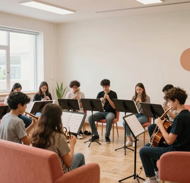 A warm, bright photo of a music appreciation class in a modern International / English-speaking community center. A group of adult beginners is learning to play various instruments. The space is vibrant, decorated with soft off-white walls and pops of vibrant coral furniture, capturing a sense of creativity and learning.