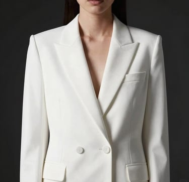 A high-end fashion editorial shot of a model wearing a structural white blazer against a deep black background. Minimalist styling, sharp lighting creating bold highlights and deep shadows, professional studio photography in the brand palette of #F8F8F8 and #0F0F0F.