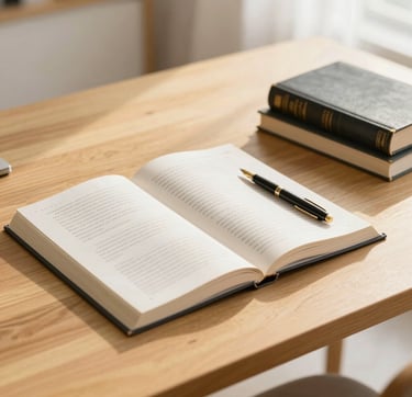 A high-angle, clean photograph of a minimalist wooden desk. On it lies an open academic journal with scholarly notes, a fountain pen, and a stack of leather-bound books. The scene is bathed in warm, natural morning light. The color palette emphasizes rich gold tones (#D4B281) and charcoal shadows (#3D3B3C) against a bright, airy background to represent scholarly rigor.