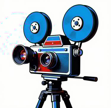A bold Pop Art illustration of a vintage 1960s 35mm cinema camera. The style features thick black ink outlines, flat color blocks of #0050B3 blue and #D4202B red, with sections of halftone dot patterns. The composition is asymmetrical and graphic, set against a film grain texture.