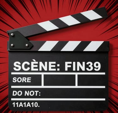 A comic book style graphic of a film clapboard. The design uses bold black borders and flat #D4202B red and #1A1A1A black stripes. The text on the clapboard says 'SCÈNE: FIN' in a typewriter font. The image has a heavy halftone texture and a vintage paper feel.