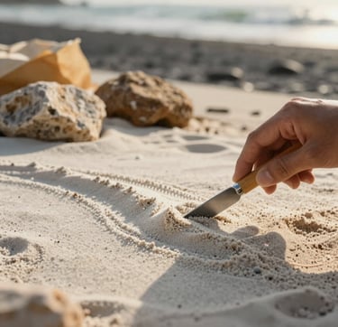 A close-up, candid detail of a sand art project in progress. A hand gently smooths a ridge of creamy white sand with a specialized tool. The lighting is warm and golden. In the background, out-of-focus aged parchment colored rocks and the soft blur of a charcoal-tinted ocean tide. Cinematic depth of field.