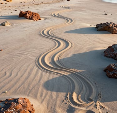 A cinematic, wide-angle shot of a sprawling sand mural on a secluded beach. The light is the warm, golden glow of a late afternoon sun-drenched environment. The soft sand is intricately carved with flowing, organic lines. Shadows from nearby rocks stretch across the texture. The palette features creamy white sand, terracotta tones in the reflected light, and deep slate shadows in the carvings.