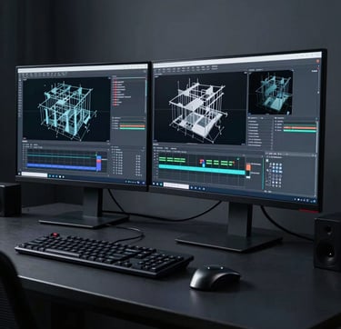 A sophisticated, high-end 3D graphics workstation in a sleek North American / US studio setting. The photograph focuses on high-resolution displays showing complex 3D wireframes and architectural renders. The lighting is low and moody, featuring dark charcoal surfaces and muted steel blue-grey ambient glows.