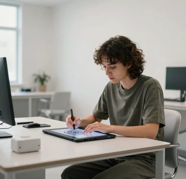 A professional 3D artist working in a bright, modern North American / US production office. The person is using a digital tablet for design work, surrounded by cool off-white walls and soft silver-grey minimalist furniture. The lighting is clean and professional.