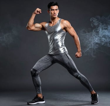 A full-body editorial shot of a male model in a dynamic pose, wearing metallic silver and charcoal grey fitness apparel. The setting is a dark studio with cinematic smoke effects and focused lighting that emphasizes muscle definition and presence.