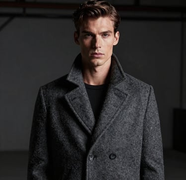 A high-fashion cinematic portrait of a masculine male model with sharp features, wearing a charcoal grey tailored coat. The lighting is moody and dramatic with soft off-white highlights on one side of his face. The background is a dark, minimalist industrial space.