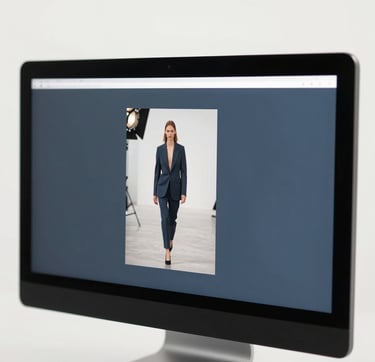 A detailed, cinematic close-up of a professional director's monitor showing a crisp, high-resolution frame of a fashion shoot. The reflection of a studio light is visible on the glass. The aesthetic is clean and modern, incorporating brand colors like slate blue (#4A616F) and off-white (#F2F5F7). Refined elegance and technical mastery.