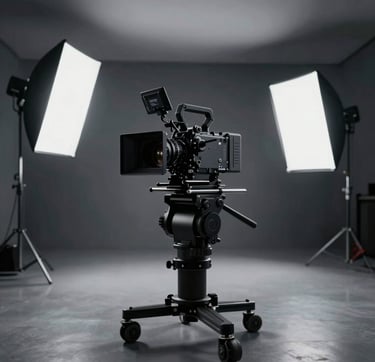 A high-end, cinematic wide shot of a modern, minimalist film set. A professional cinema camera on a gimbal is positioned in a sleek studio space. The lighting is dramatic and controlled, using soft boxes to create elegant highlights on the equipment. The color palette features deep blacks (#1A1A1A) and cool metallic tones (#8C9CA6). Sophisticated and premium atmosphere.