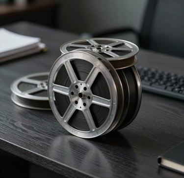 A polished close-up shot of a classic film canister and reels on a dark charcoal wooden desk in a North American / US production office. Soft slate gray side-lighting highlights the texture of the metal, creating a timeless and artistic storytelling vibe in a sophisticated, dark setting.
