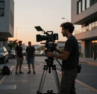 A cinematic wide shot of a professional filmmaker in a modern Angolana urban setting during golden hour. The lighting is dramatic with warm bronze highlights and deep charcoal shadows, creating a high-end documentary feel. Professional camera equipment and a production crew are visible in the background, out of focus. The composition is artistic and minimalist.