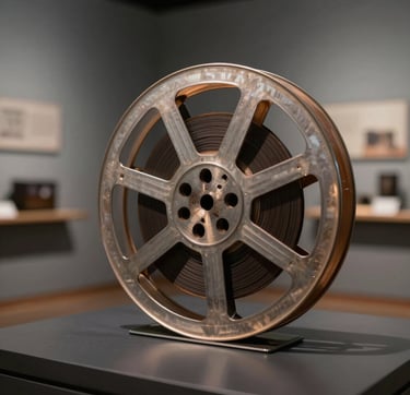 A detailed close-up of a vintage film reel resting on a dark, polished surface within a minimalist Angolana cultural archive. The lighting is soft light gray with subtle warm bronze accents hitting the metallic edges of the reel. The atmosphere is quiet, reverent, and museum-like, emphasizing memory and legacy.